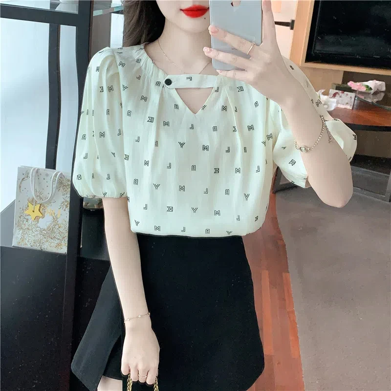 2024 Zomer Dames Vrijetijdsmode Elegante Woon-Werkverkeer V-Hals Pullover Losse Holle Letter Knoop Bubble Mouw Chiffon Shirt Top