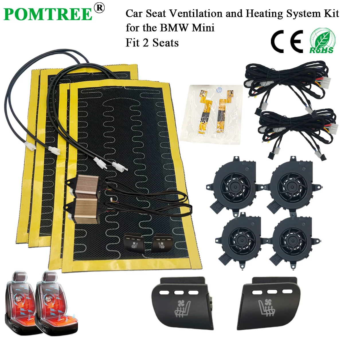 Built-in Car Seat Ventilation And Heating System Kit Fit 2 Seats,With 4 Fans & Modification Kit Suitable For BMW Mini,All-season