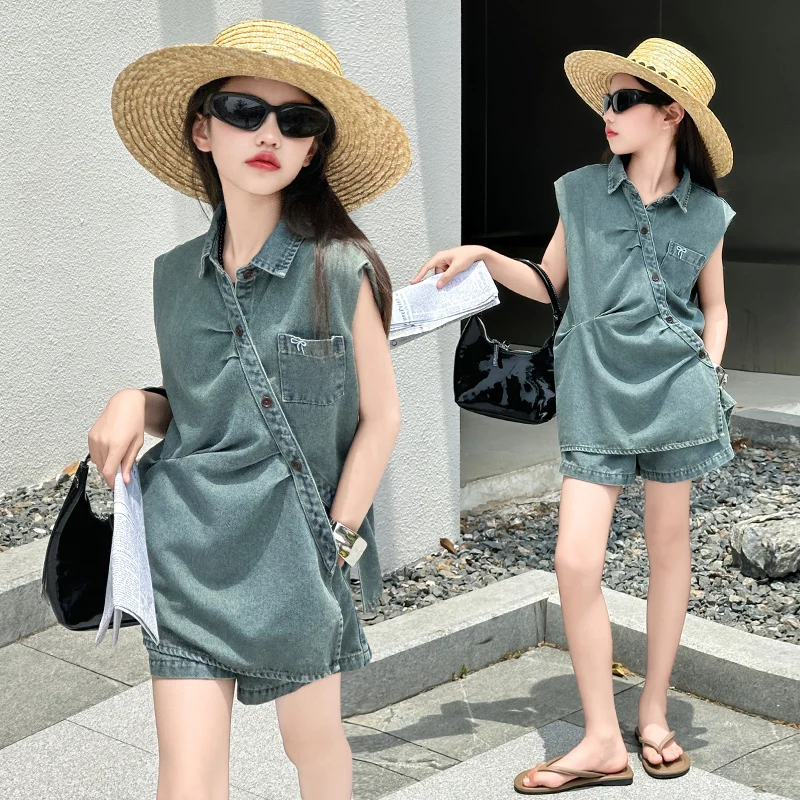 

french design teen girls denim clothes set Slanted placket irregular sleeveless top+shorts 2pcs junior kids suit child outfits