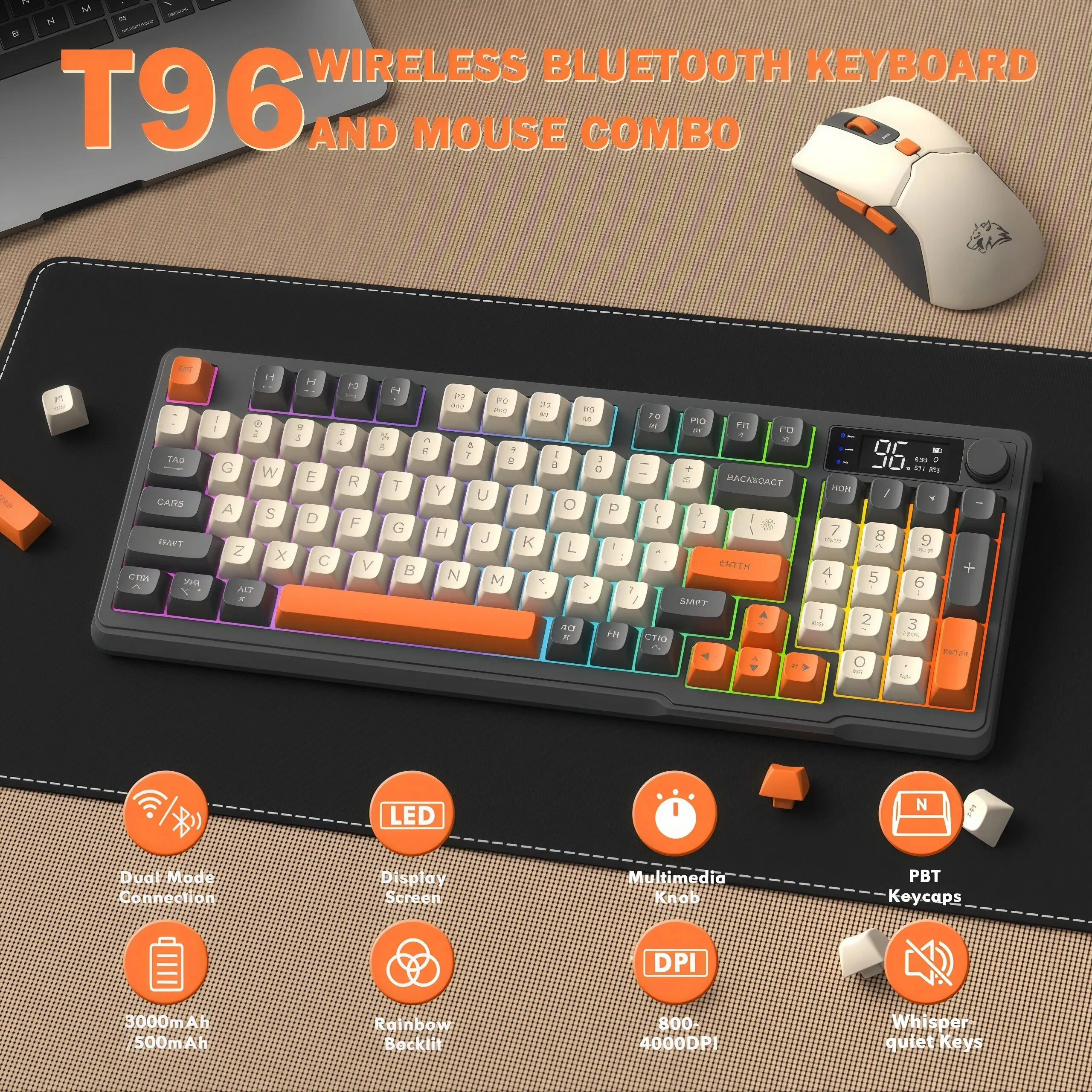 Wireless Bluetooth Keyboard Mouse Combo FREEWOLF T96 3000mAh Dual Mode with Smart Display Screen Multimedia Knob