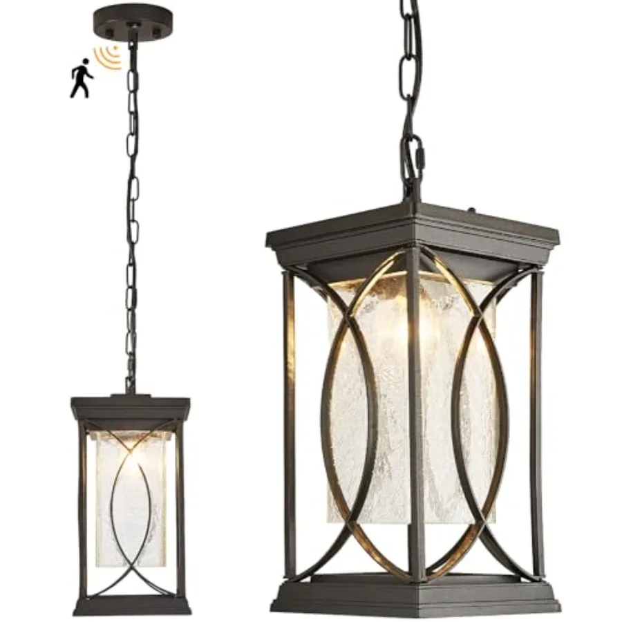 Motion Outdoor Pendant Light Fixtures Dusk to Dawn Exterior Ceiling Hanging Lantern for Porch, Modern Outside Chelier Light wit