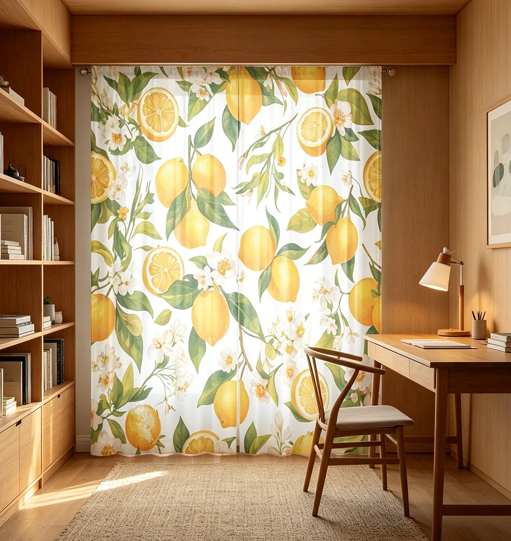 2PCS Digital Printed Curtains, Lemon Summer Flowers Citrus Floral Fresh, Window Curtains for Living Room Bedroom Home Decoration