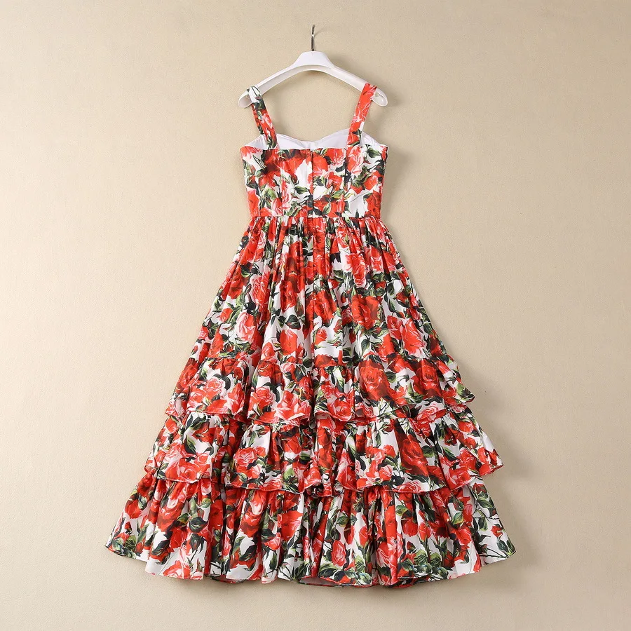 Europe and the United States women's 2024 summer new suspenders Sleeveless flower print fashion Layered pleated dress