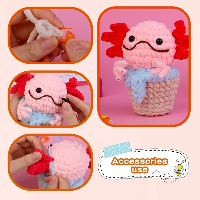 Crochet Kit DIY Salamander Crochet Kit With Knitting Yarn Needles Plush Doll Easy(Pink)