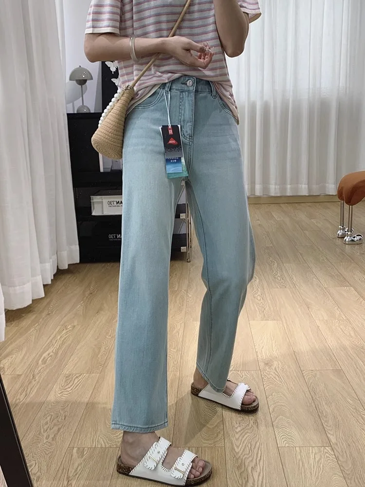 

Ультратонкие прямые джинсы с высокой талией, женские летние тонкие свободные хлопковые джинсовые повседневные прямые брюки-трубы с высокой талией