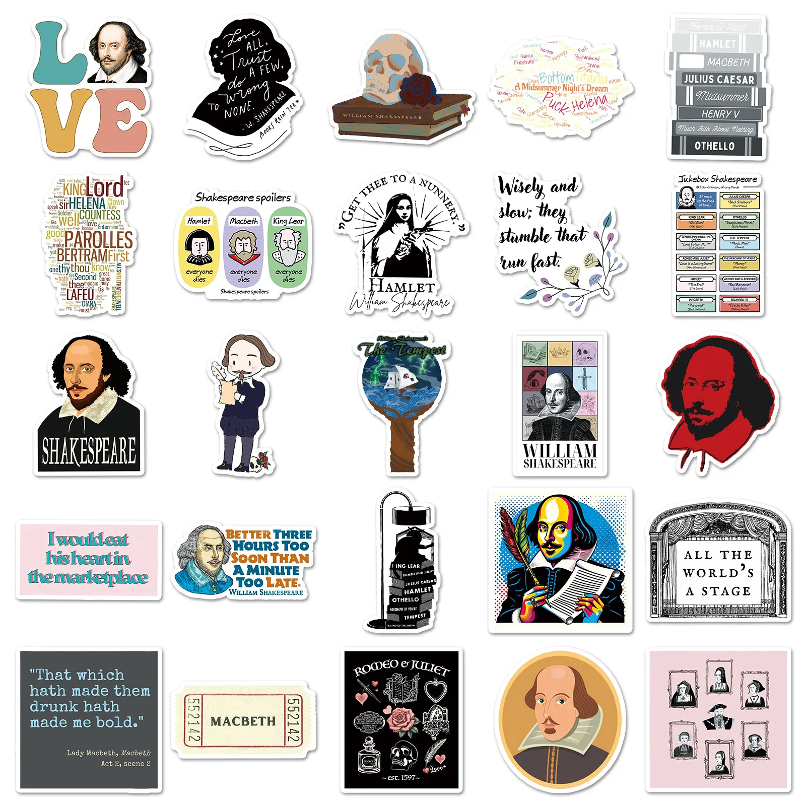 50PCS Funny Shakespeare Graffiti Stickers Writer Cartoon Decoration Children's Toys Suitcase Fridge Laptop Phone Guitar Decals