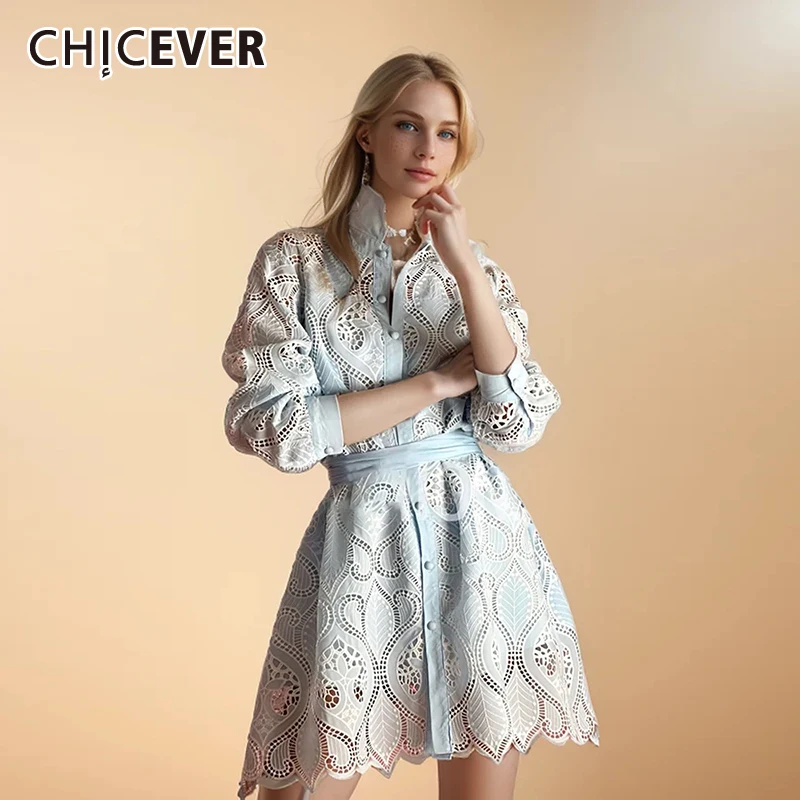 

CHICEVER Embroidery Temperment Dresses For Women Lapel Long Sleeve Single Breasted Hollow Out Solid Folds Spring Dress Female