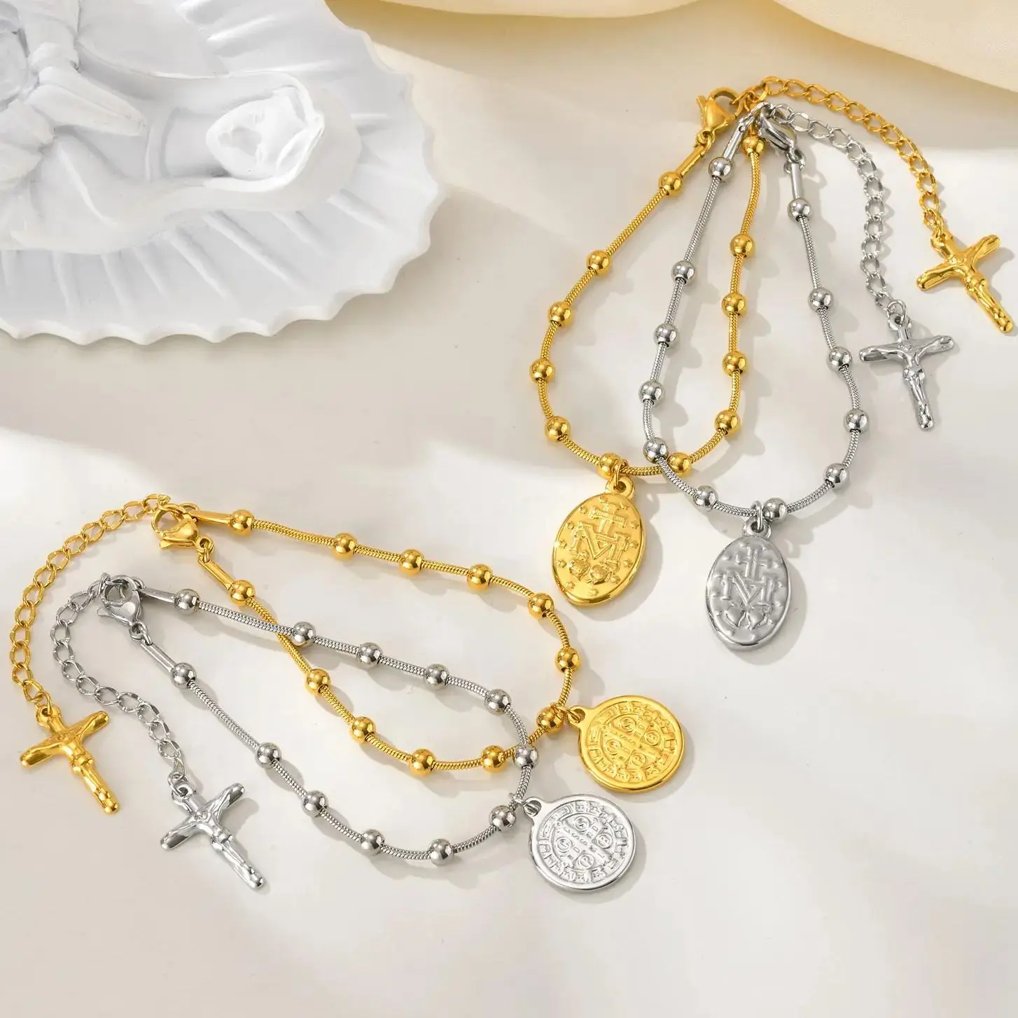 سوار سلسلة مسبحة الصليب الكاثوليكي من Vnox، أساور نسائية من الفولاذ المقاوم للصدأ مريم العذراء وسانت بنديكت، هدية الإيمان الديني #1