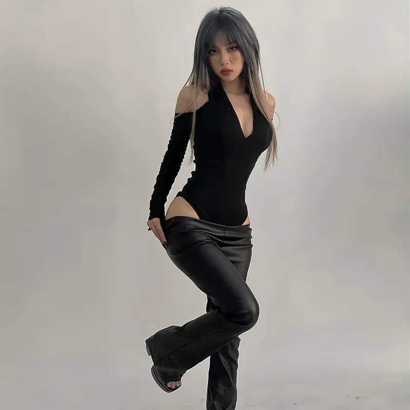 Women's Sexy Hollow Bodysuit Long Sleeved Off-Shoulder Tops Solid Color Fashion Hanging Neck Collar Jumpsuit Bottoming Clothes