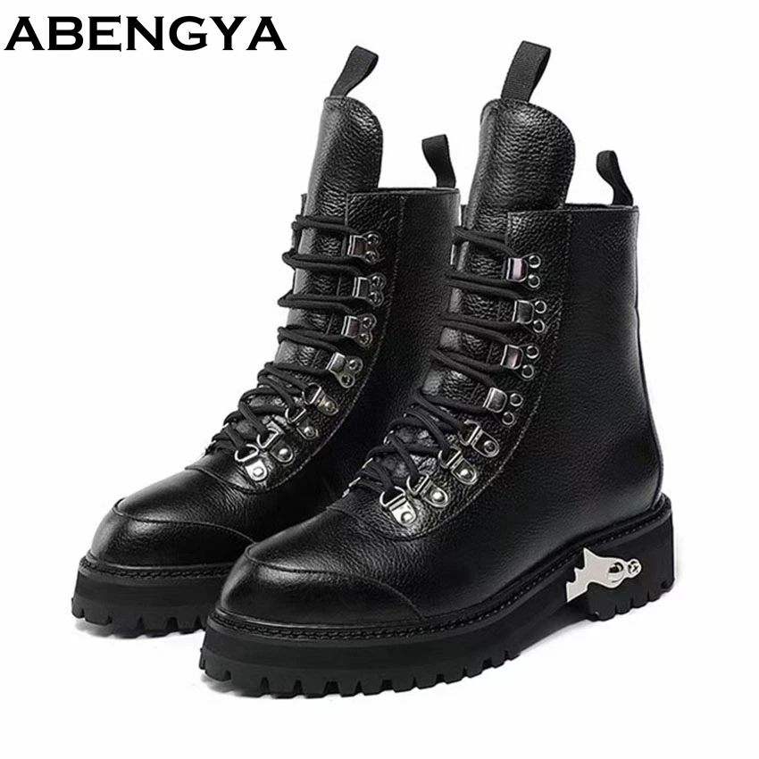 

Autumn Winter Round Toe Real Leather Short Boots Women Thick Sole Lace Up Plush Ankle Botas Daily Riding Boots
