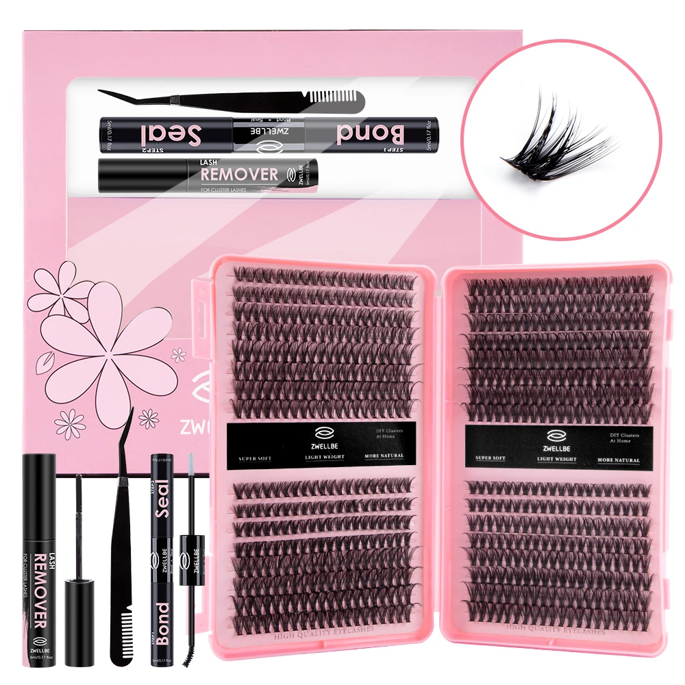 640pcs Lash Clusters Kit D Curl Eyelash Extension Kit Lash Bond and Seal Eyelash Remover Applicator Eyelash Book DIY at home