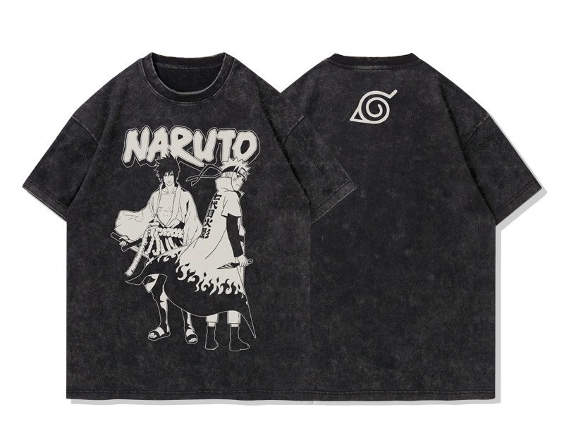 

Naruto Print T-Shirt 2025 Japanese Anime Distressed Retro Short-Sleeved Tee Washed Cotton Top for Men Women Naruto Sasuke Summer
