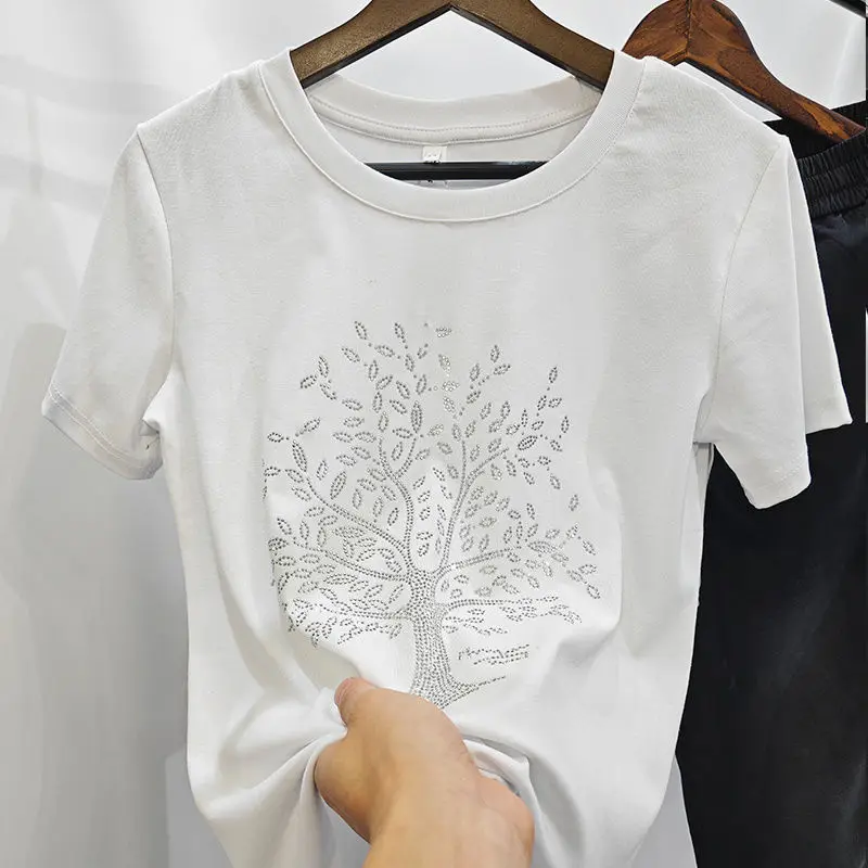 Popular Summer Pure Cotton Short-sleeved T-shirt Women's Heavy Industry Ironing Diamonds Versatile Loose Round Neck Fashion Top