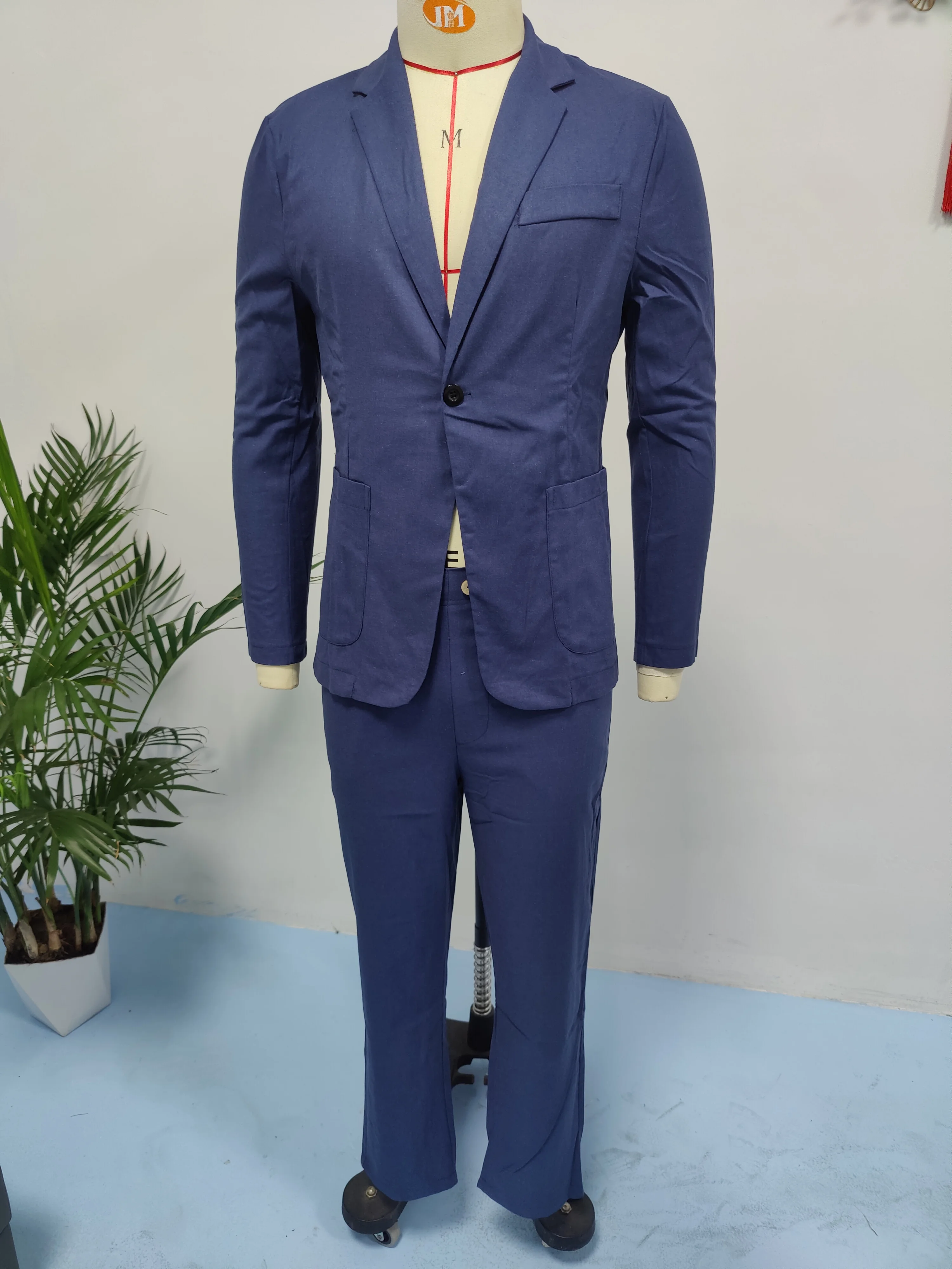 男性用サマーオフィススーツ - 通気性のあるスリムフィットブレザーと快適なドレスパンツ 2 ピース