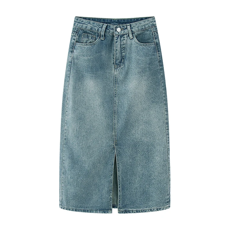 Women's High-Waist Slit Denim Skirt Retro Washed A-Line Hip-Covering Straight Long Skirt for Casual Comfortable Fit 7 Scf601286e149454abcca53bec778457ew