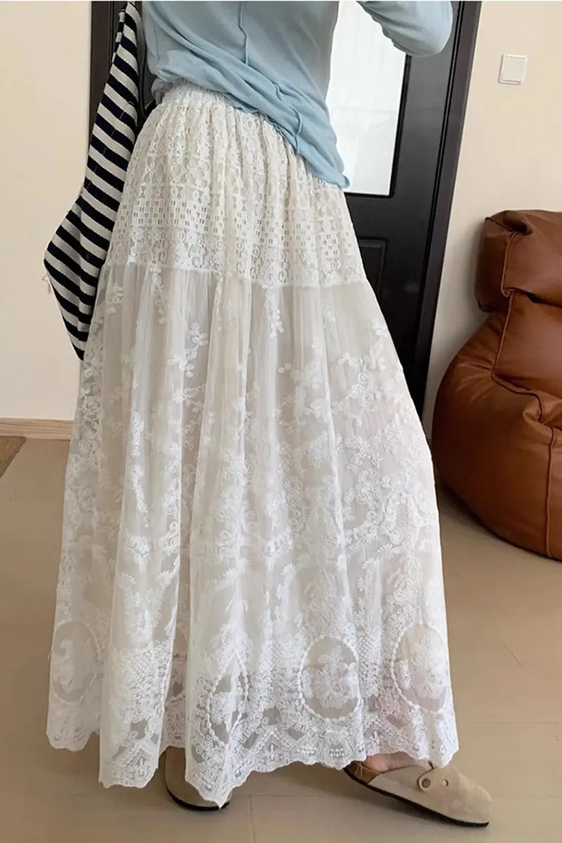 

New Chinese style Chinese style lace skirt 2025 spring new high-waisted solid color skirt