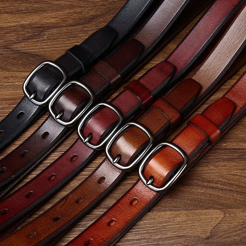 2.4CM Pure Cowhide High Quality Genuine Leather Thin Belts for Women Brand Strap Vintage Jeans Cowboy Leisure Needle Buckle Belt
