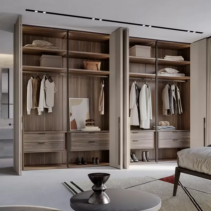 European Poliform Style Walk-in Closet Door Wood and Glass Panel Designs Custom Wardrobe Storage Cabinet for Villa