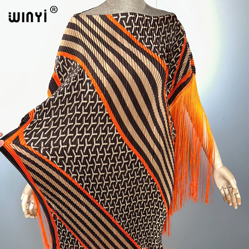 WINYI Summer Pleated Fringed maxi dress Women crumple kaftan Loose boho robe holiday Elegant evening dress abaya dubai luxury