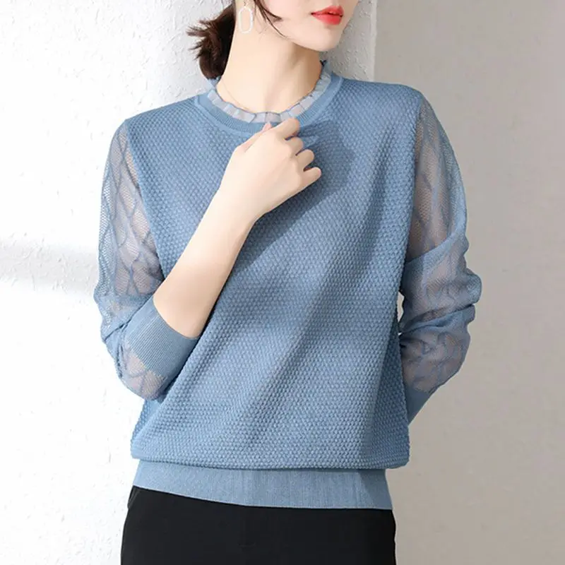 Women\'s Clothing Crew Neck Spring Autumn Solid Color Lantern Long Sleeve Pullover Patchwork Sweater Knitted Casual Elegant Tops