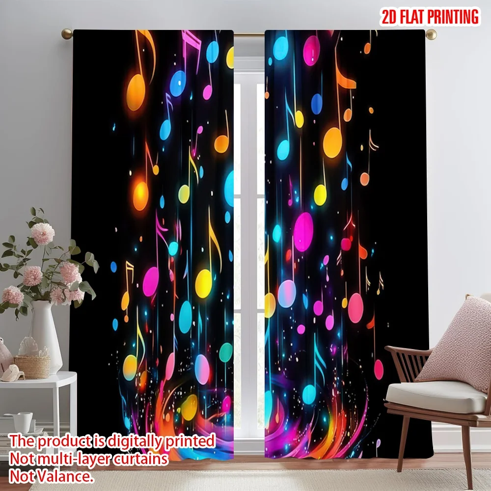 

2D flat printing 2pcs Drapes Colorful Music Notes Digital Printed Polyester Drapes Festive Holiday Perfect for Festive Portraits
