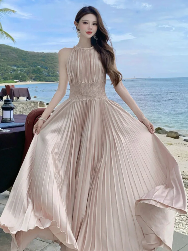 2025年新作 レディース バケーションワンピース セクシー オフショルダー スリムウエスト カジュアル エレガント ビーチ プリーツ ロングワンピース