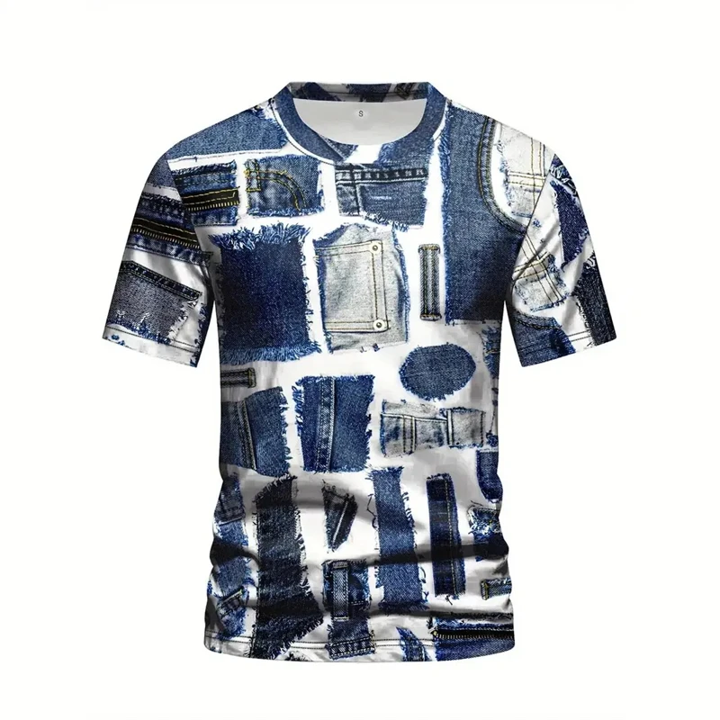 

New Denim Pattern T Shirt Men Summrt Short Sleeve O-Neck Pullover Fashion Street Sportwear Oversized Casual Male Clothing Camisa