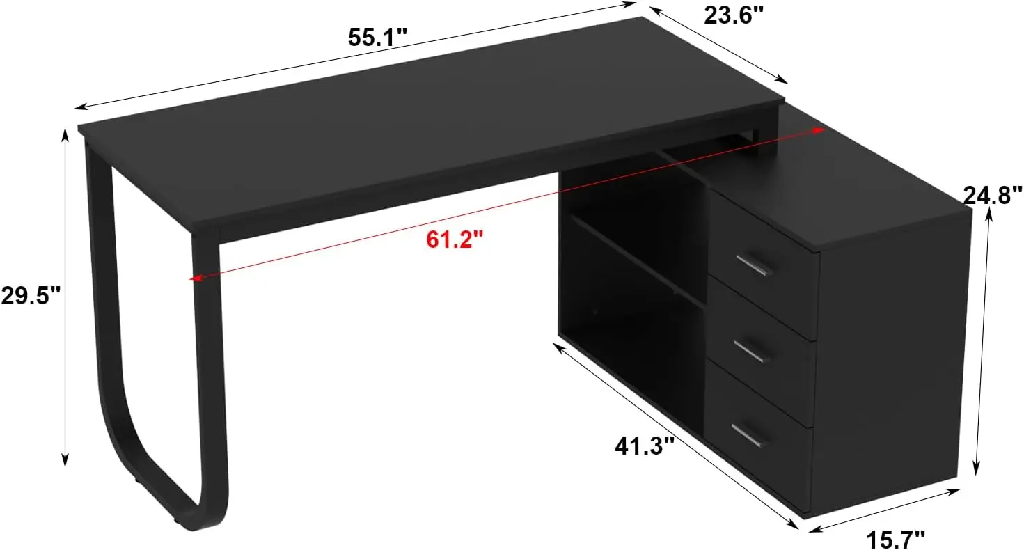 Homsee Home Office Computer Desk Corner Desk With 3 Drawers And 2 Shelves, 55 Inch Large L-Shaped Study Writing Table With