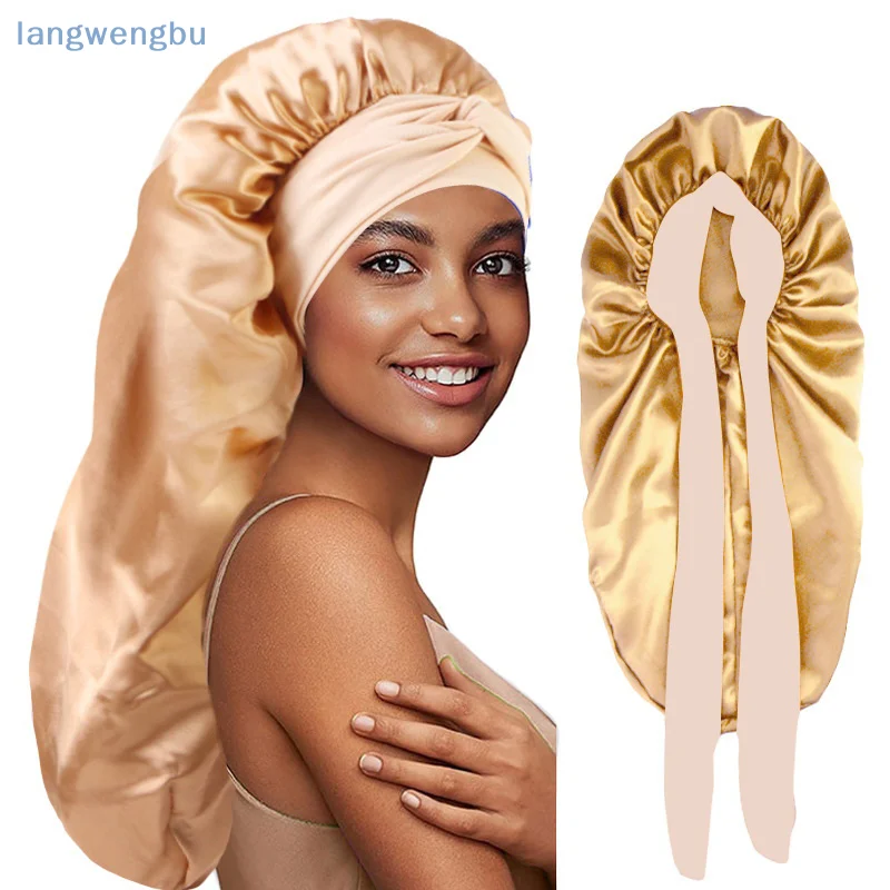 Women Long Oversized Elastic Satin Bonnet Sleeping Cap With Ribbon Breathable Sleeping Cap Turban Sleep Headwear Bandanas