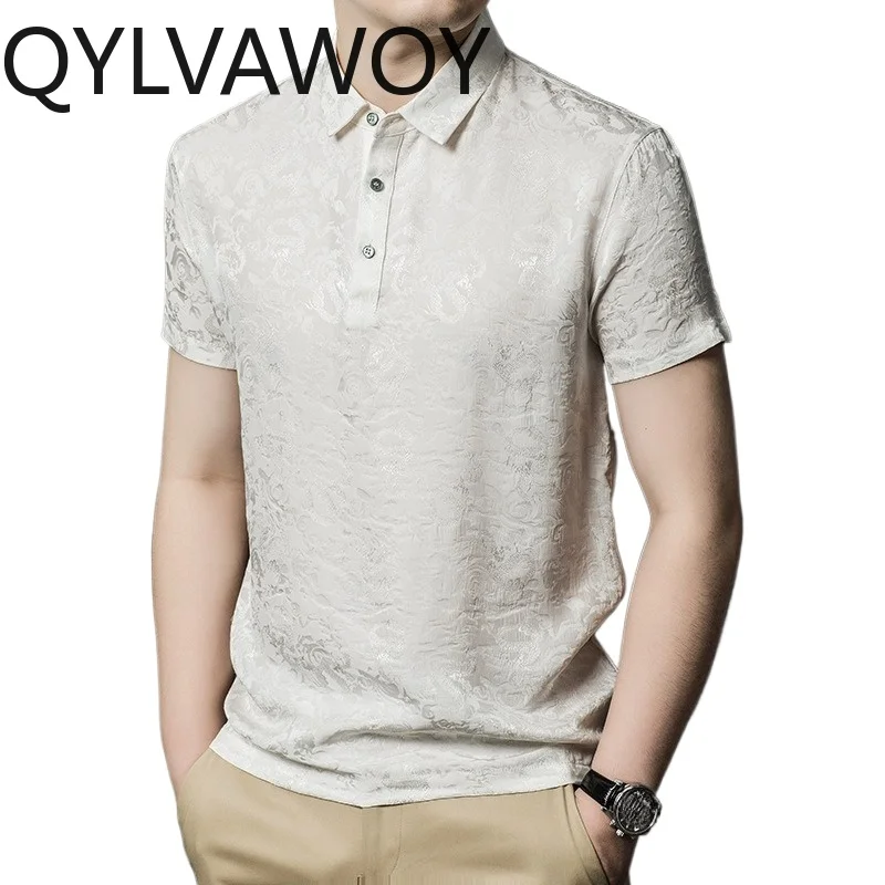 

QYLVAWOY 92.5% Mulberry Silk Men's Polo Shirts Printed Summer Summer Tops Short Sleeve Shirt Lapel T Shirt Homme Casual Camisas