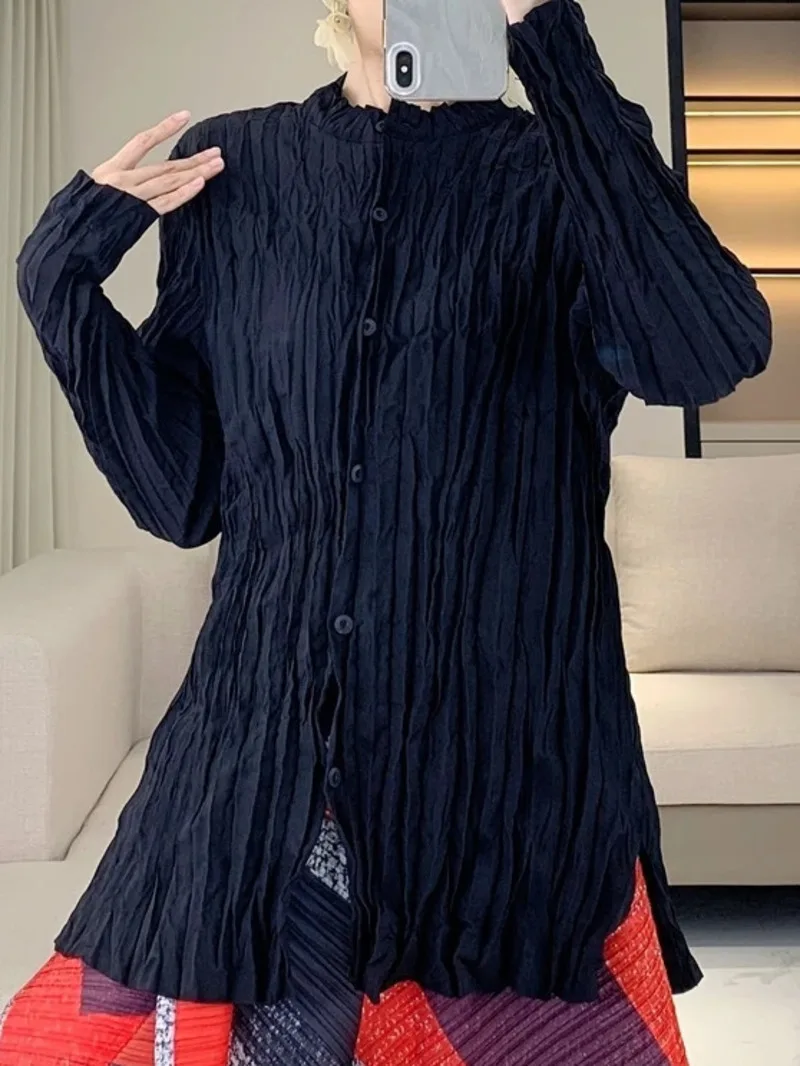 Chic Autumn Fashion Pleated Women's Shirt Loose Casual High-end Black Single Breasted Long Sleeve Blouse Top 27D5R