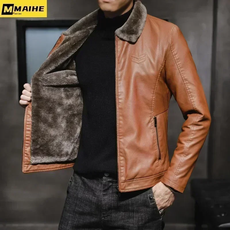 Vintage Brown Leather Jacket Men's Winter Faux Fur Collar Windproof Warm Coat Male Luxury Clothing Brand chaqueta cuero hombre