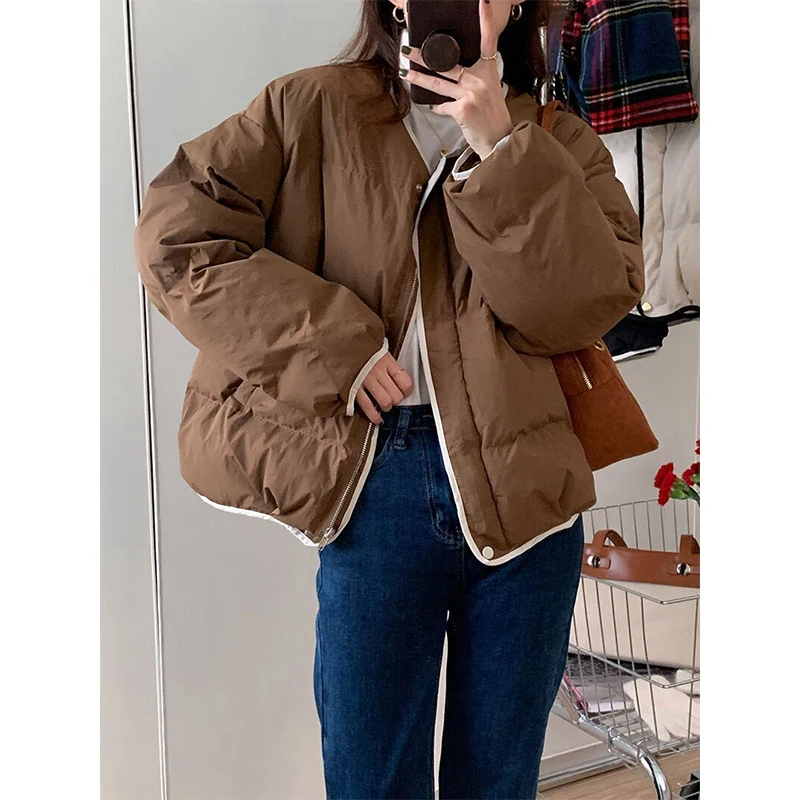 

MEXZT Streetwear Short Parkas Women Vintage Cropped Down Coat Korean Basic Puffer Jacket Winter Thick Warm Cotton Padded Outwear