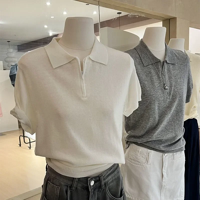 Womens Knit Polo Shirt Short Sleeve Half Zip Collar Cropped Casual Top