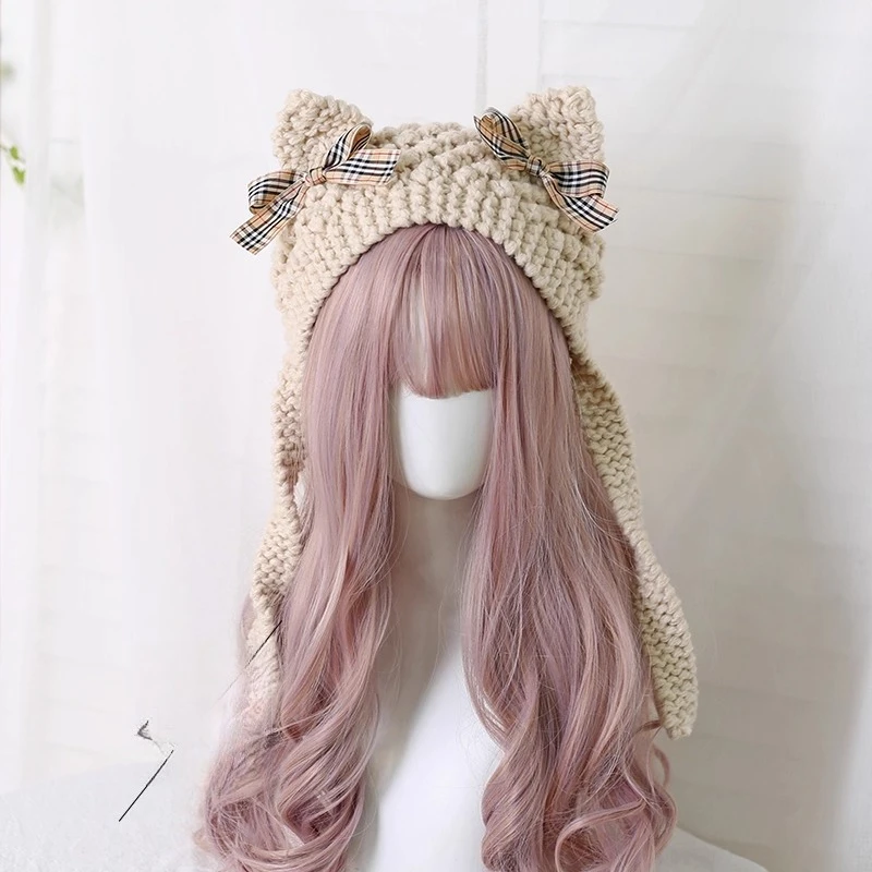 الفتيات اليابانية الناعمة في الخريف والشتاء حلوة (خبز على شكل أذن القط على البخار) قبعة صوف محبوكة لحماية الأذن