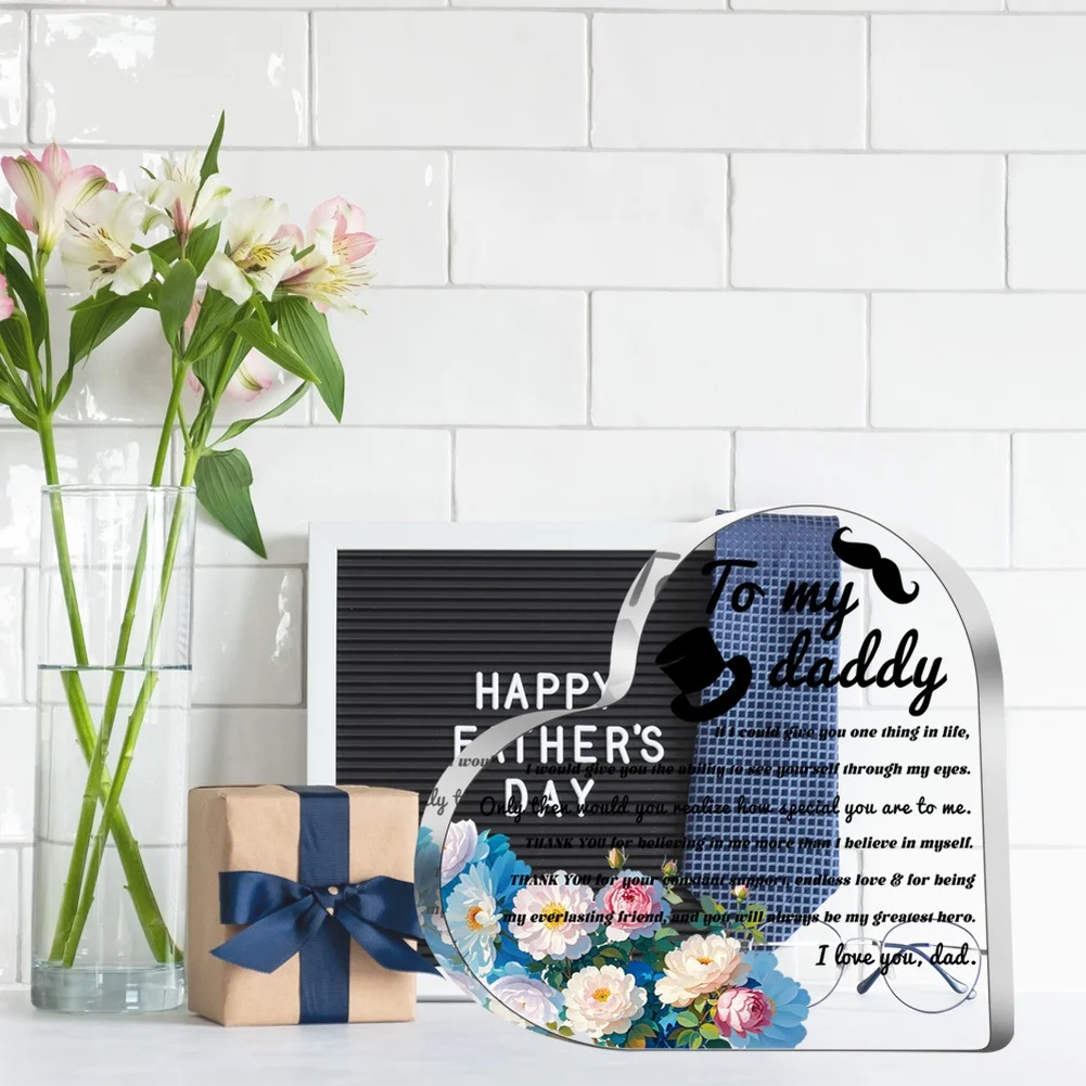 for acrylic Heart Keepsake for Dad with Bowler Hat and Mustache Motif Featuring Touching Letter Design for Father Figure