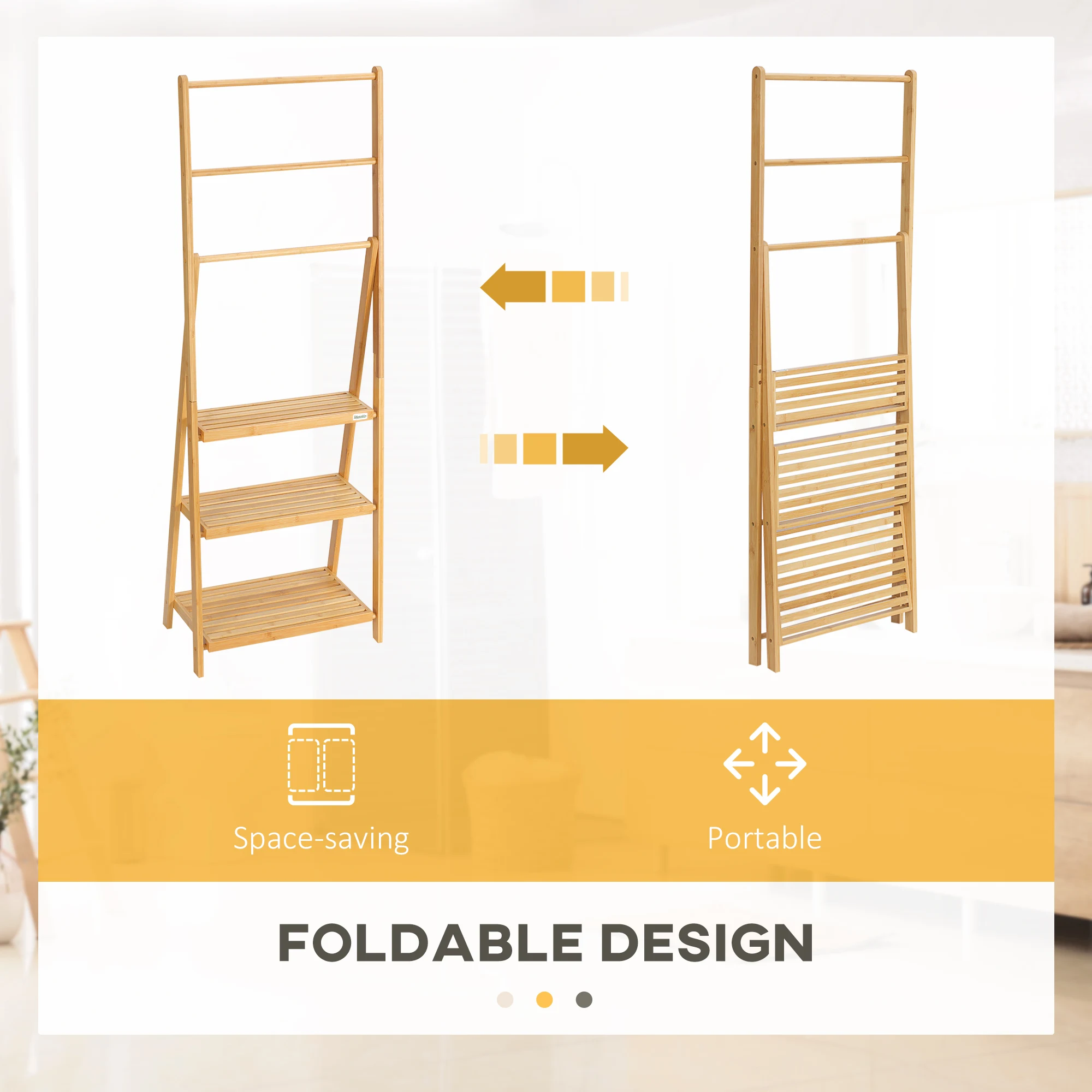 kleankin Foldable Natural Bamboo Towel Rack with 3 Towel Rails and 3 Shelves