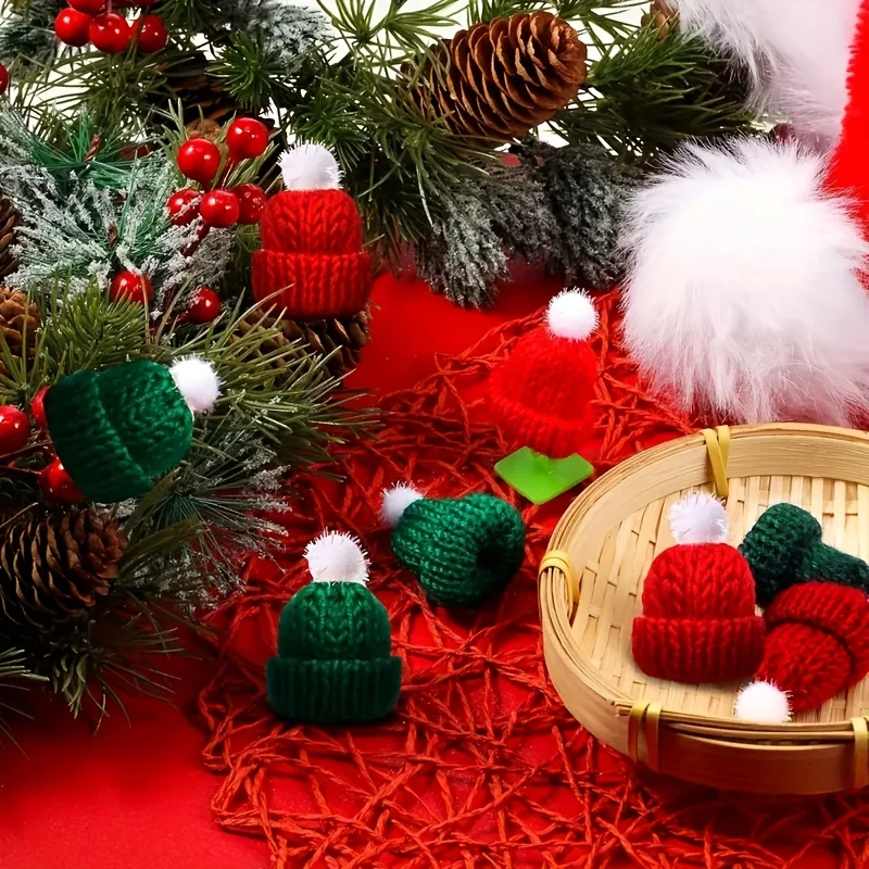 10/20 قطعة، قبعات عيد الميلاد الصغيرة المحبوكة - ديكورات يدوية الصنع، مناسبة لتعليق شجرة عيد الميلاد، والإكسسوارات الموسمية