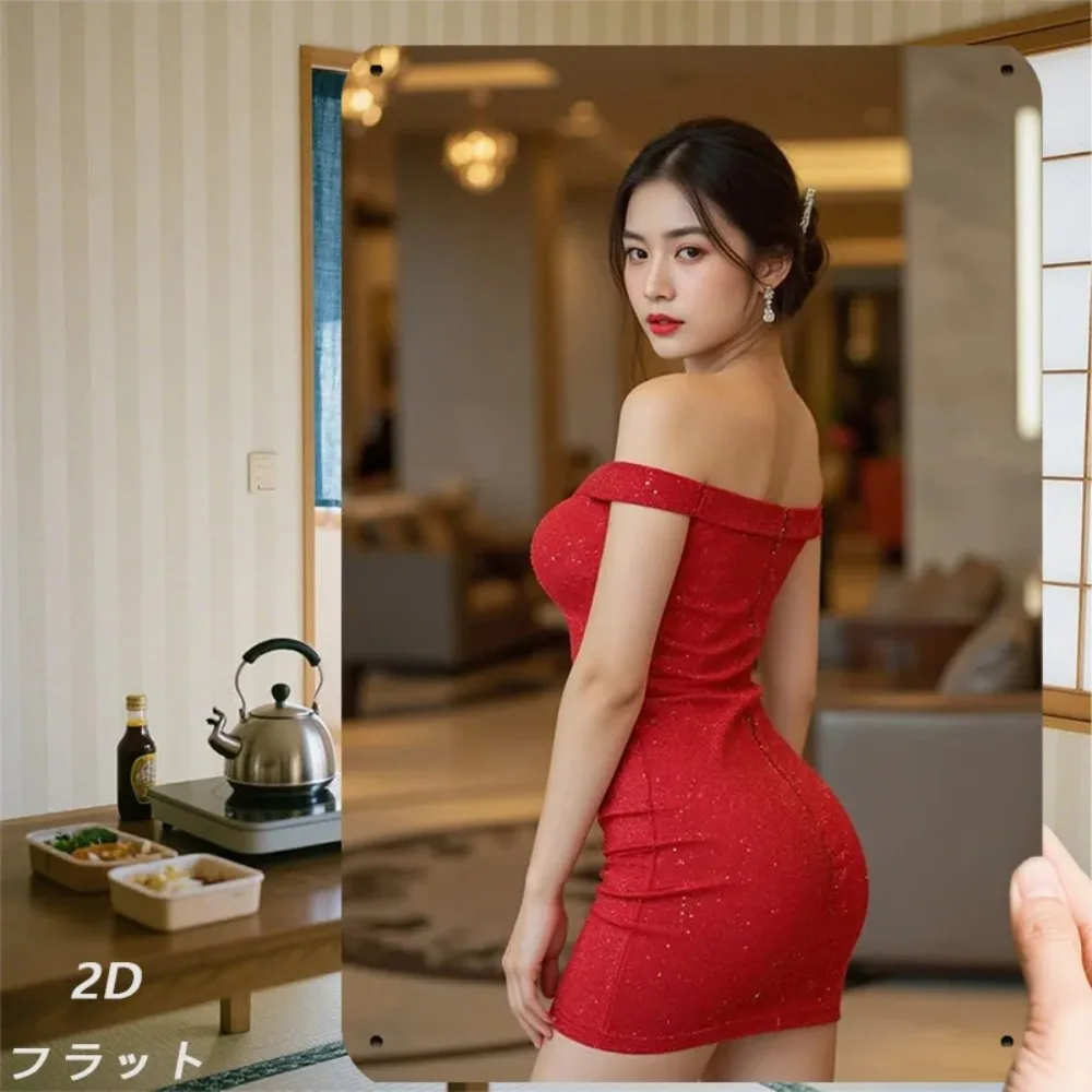 

Red Vintage Metal Tin Sign Wall Decor - Retro Iron Art Print 2D Female Figure Artwork Elegant Sparkle Dress Home Bar Cafe