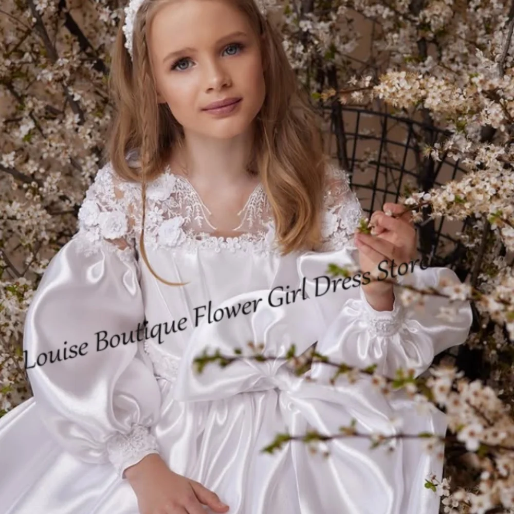 Gaun Gadis Bunga Putih Putri Gaun Celah Samping Lengan Panjang Applique Renda A-Line Gaun Pesta Ulang Tahun Komuni Pertama Disesuaikan