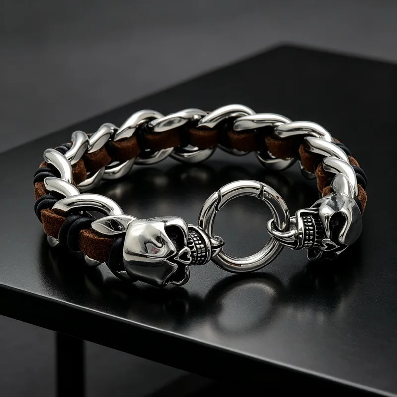 Men Stainless Steel Skull Bracelet Braided Leather Rope Wristband Punk Biker Vintage Rock Statement Jewelry Gift