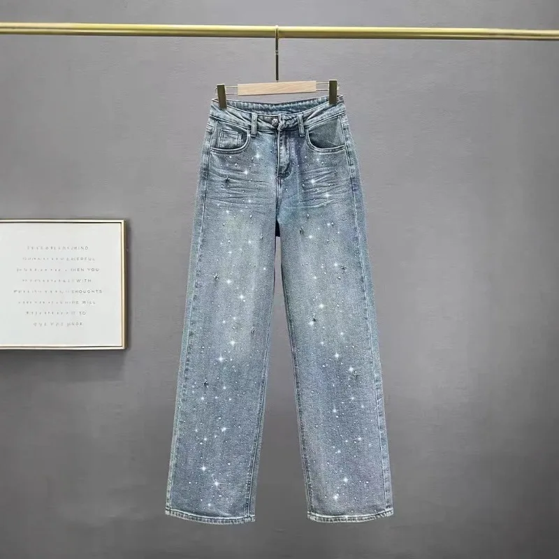High-waisted Jeans Women's Wide-leg Straight-leg Pants 2026 Summer Loose Hot Diamond Retro Floor Pants Trousers