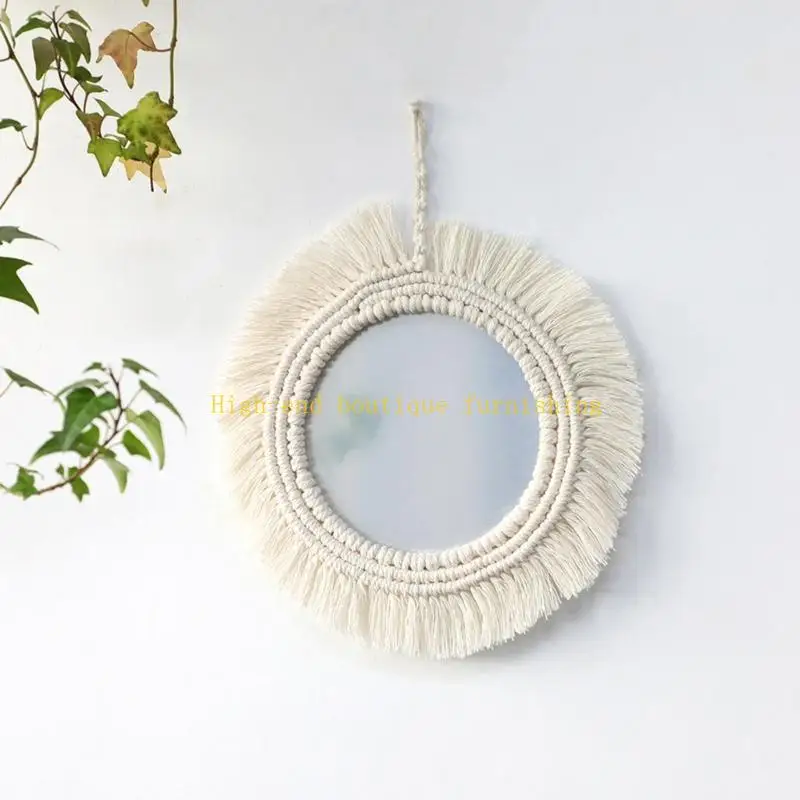 L9NB Bohemian Wall Mirror with Macrame Fringes Round Hanging Mirrors for Bedroom Home