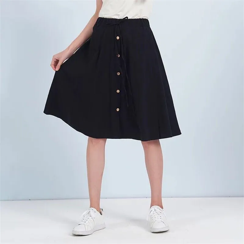 Vintage Women Single Breasted Stretch High Waist Long Skirt Female Solid Color Elastic Waist White Skirt Vestidos women clothing