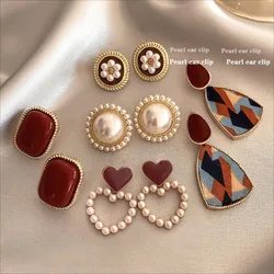Silver Needle High Sense Wine Red Retro Hong Kong Style No Pierced Female Temperament Pearl Earrings High Sense Earrings