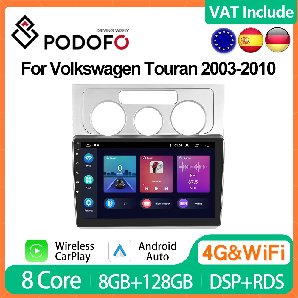 Podofo Carplay Android Auto Car Radio for Volkswagen Touran 2003-2010 Intelligent Systems 2din 10” Multimedia Player 4G Stereo