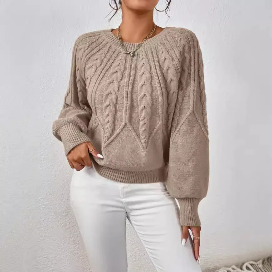 New Autumn and Winter Fashion Women's Round Neck Knitted Sweater Long Sleeve Fried Dough Twists Solid Versatile Top