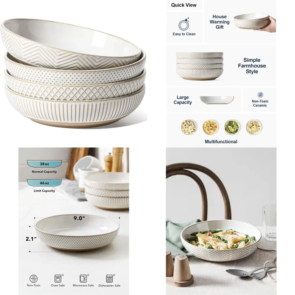

Large Ceramic Pasta and Salad Bowls, 46oz Capacity, Stoneware Serving Plate, Ideal Housewarming or Wedding Gift, Embossed Design