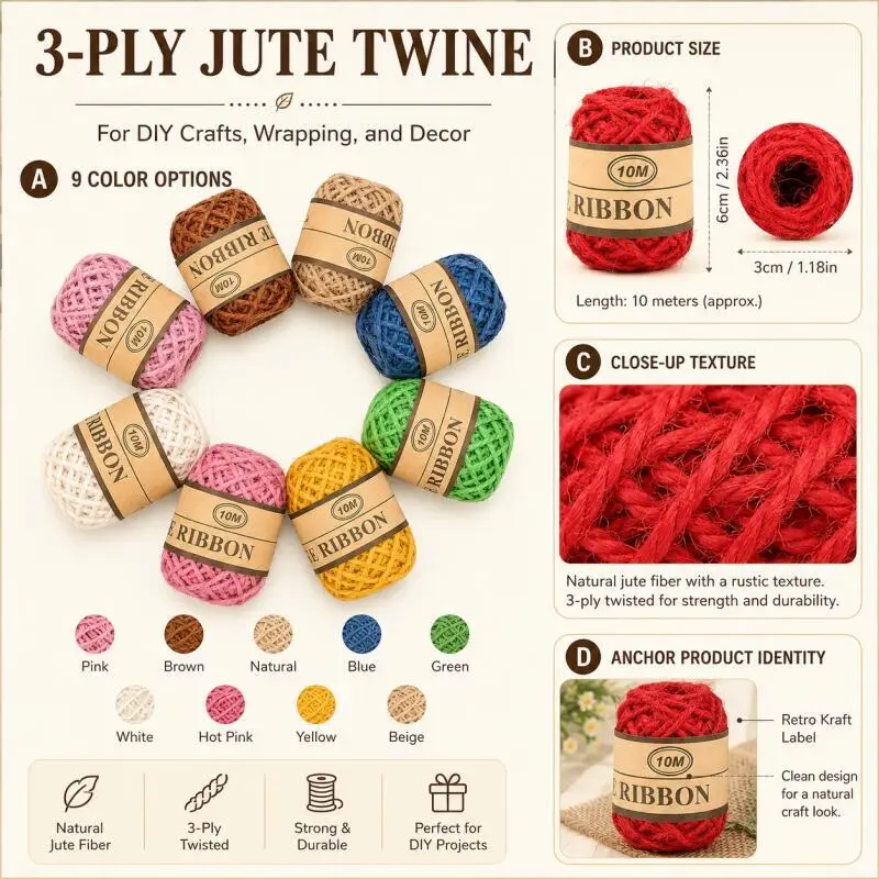 Cordon en jute tressé coloré de 10 m/rouleau pour projets de bricolage, cadeaux de mariage, décoration intérieure, décoration de fêtes