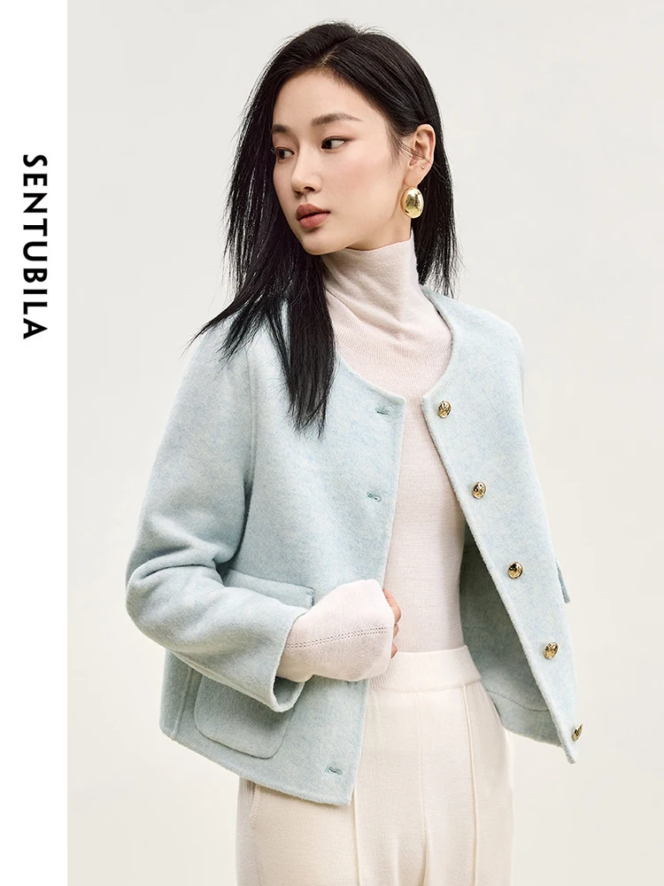 SENTUBILA Blue Coats for Elegant Women 2025 Winter Crew Neck Metal Single Breasted Wool Cropped Jackets Office Lady W44O56000